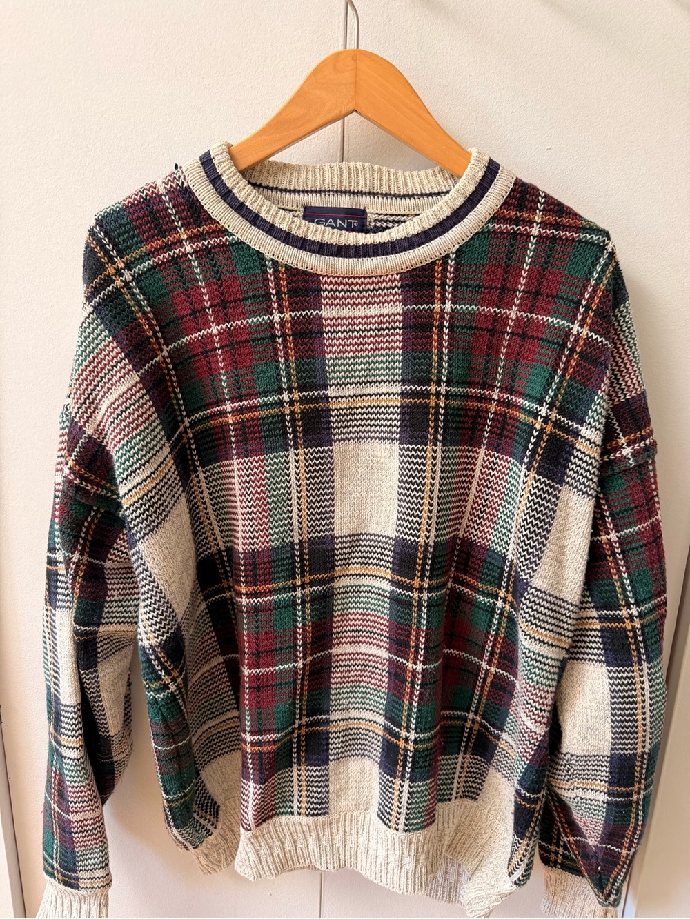Vintage Gant Plaid Crewneck Sweater in Cream, Green & Red Plaid